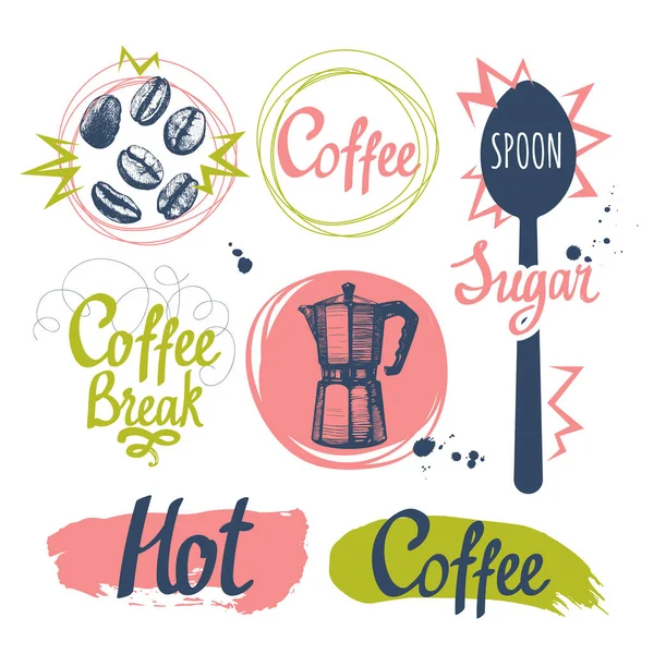 Ensemble de croquis café étiquettes drôles sur fond blanc. Menu boissons chaudes. Illustration vectorielle avec tasse, fabricant et cuillère. Éléments décoratifs pour votre design d'emballage. Décor multicolore . — Image vectorielle