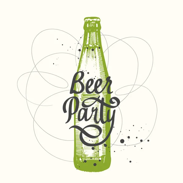 Drank menu. Vectorillustratie met fles in de stijl van de schets voor pub. Bier partij poster. Alcoholische dranken. Handgeschreven inkt belettering. — Stockvector