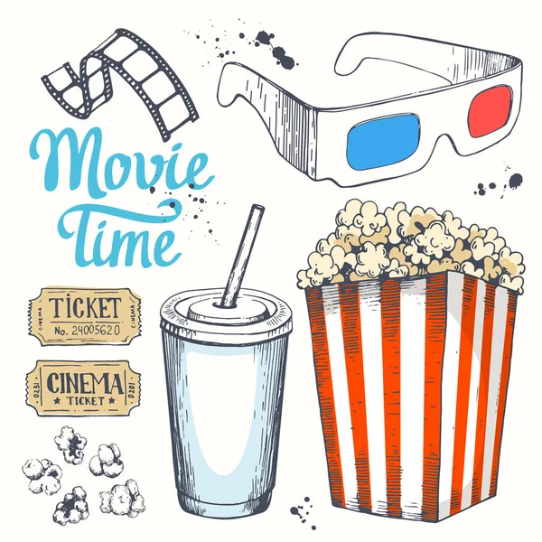 Illustrazione vettoriale del tempo cinematografico con bozzetto secchio popcorn, clapperboard, bicchiere da bere, biglietti, bicchieri 3D. Spuntino cinematografico. Fast food disegnato a mano . — Vettoriale Stock