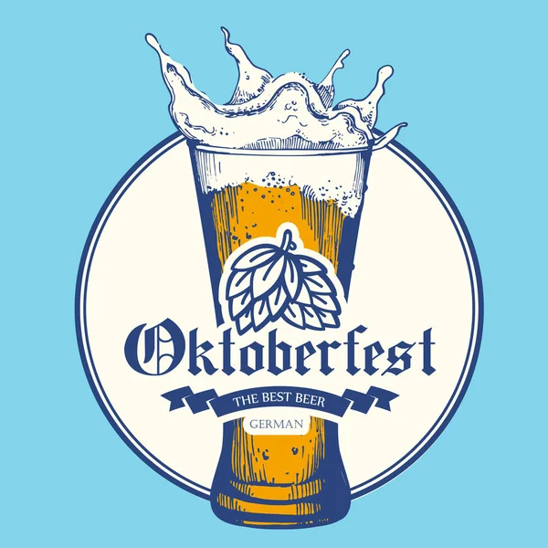 Oktoberfest pictogram. Drank menu. Vectorillustratie met bierglas in de stijl van de schets voor pub. Festival alcoholetikettering op blauwe achtergrond. — Stockvector