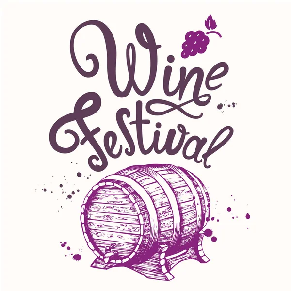 Vectorillustratie met houten vat wijn in schets stijl. Producent. Poster alcoholische dranken. Festival. Borstel kalligrafie elementen voor uw ontwerp. Handgeschreven inkt belettering. — Stockvector