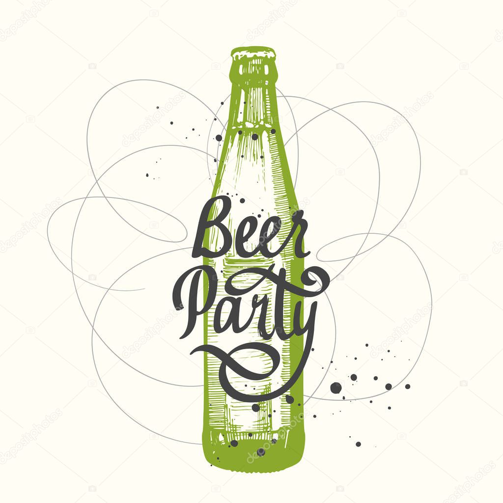 Drink menu. Vector illustration with bottle in sketch style for pub. Beer party poster. Alcoholic beverages. Handwritten ink lettering.