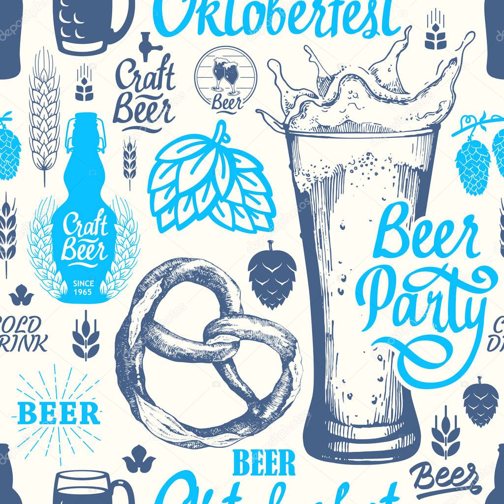 Seamless Oktoberfest background in sketch style. Vector Illustration with pub pattern. Multicolor decor. Different types of beer, cider and snack for your packing design.