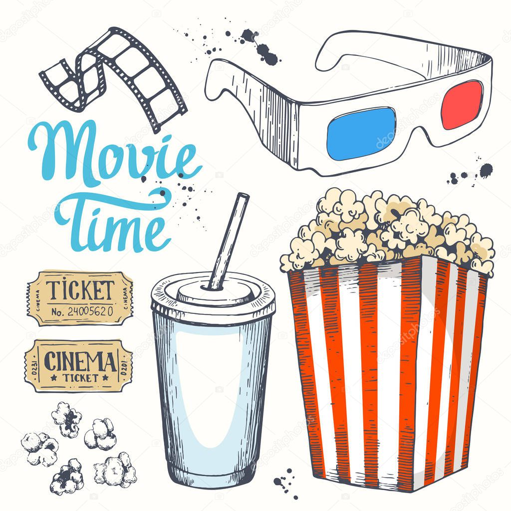 Movie time vector illustration with sketch popcorn bucket, clapperboard, glass of drink, tickets, 3D glasses. Cinema snack. Hand drawn fast food.