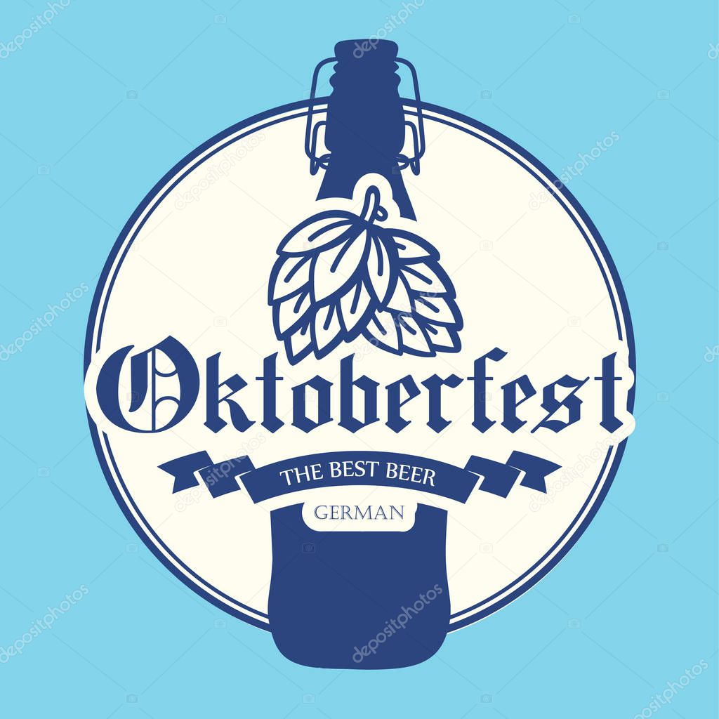 Oktoberfest icon. Drink menu. Vector illustration with beer bottle in sketch style for pub. Alcoholic festival beverages on blue background.