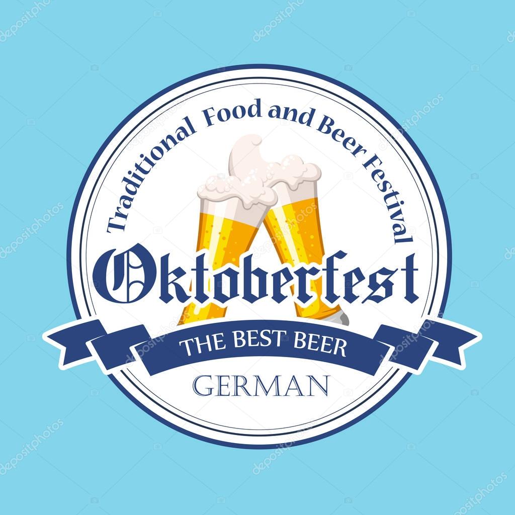 Oktoberfest icon. Drink menu. Vector illustration with beer glass in sketch style for pub. Alcoholic festival beverages on blue background.