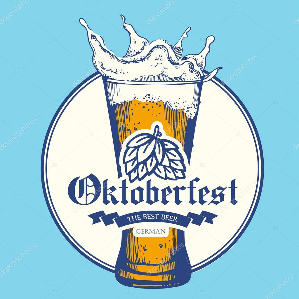 Oktoberfest icon. Drink menu. Vector illustration with beer glass in sketch style for pub. Alcoholic festival beverages on blue background.