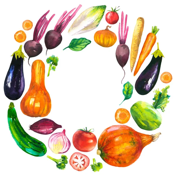 Ilustración de acuarela con composición redonda de productos agrícolas. Juego de verduras: berenjena, calabaza, calabacín, cebolla, tomate, brócoli, remolacha, zanahoria, col kohlrabi. Alimentos orgánicos frescos. — Foto de Stock