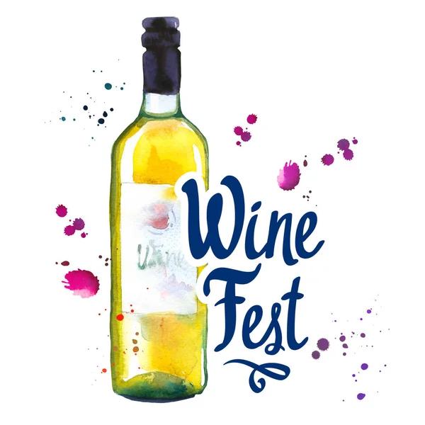 Ilustración de acuarela con botella en estilo de boceto para lista de bebidas. Cartel con bebidas alcohólicas. Festival del vino. Cepille elementos de caligrafía para su diseño. Letras de tinta manuscritas . — Foto de Stock