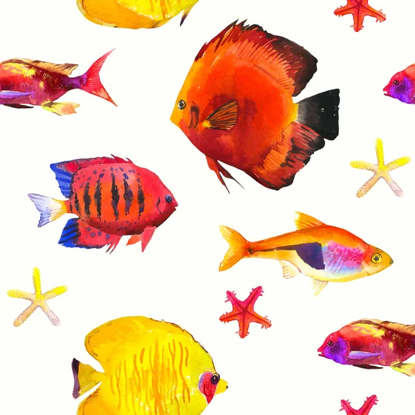 Nahtloses Muster mit tropischen Fischen. Aquarell-Illustration mit handgezeichneten Aquarien exotischer Fische auf weißem Hintergrund. — Stockfoto