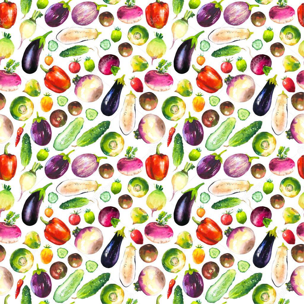 Watercolor illustration with composition of farm grown products. Seamless pattern on white background. Vegetables set: pepper, cucumber, turnip, radish, eggplant, tomato. Fresh organic food.