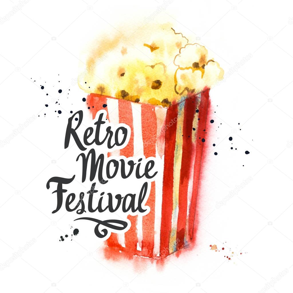 Watercolor illustration with sketch popcorn bucket. Sketch design. Cinema snack. Hand drawn fast food. Movie Time poster. Retro movie festival.