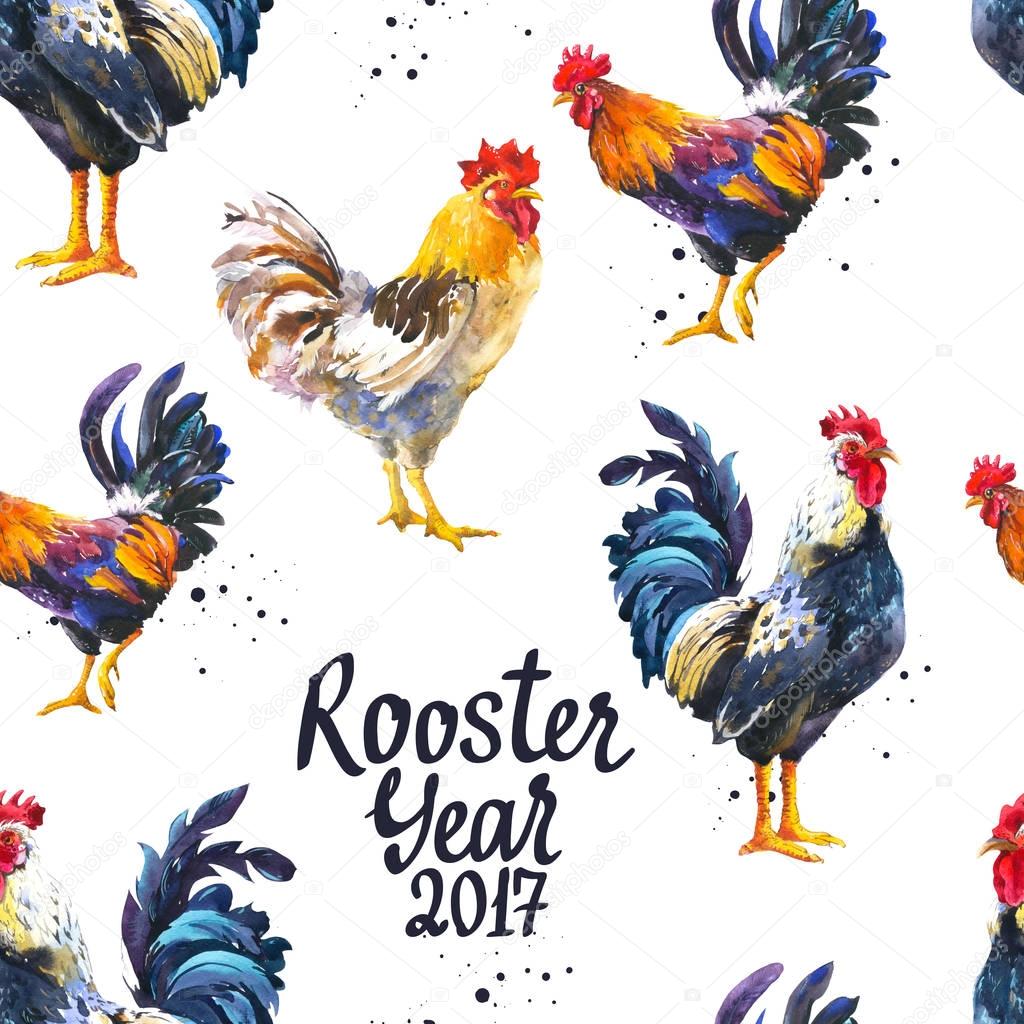 Seamless pattern with domestic bird in different poses. Sketch style. Realistic watercolor illustration of multicolor rooster on white background. 2017 Chinese New Year of the Cock.