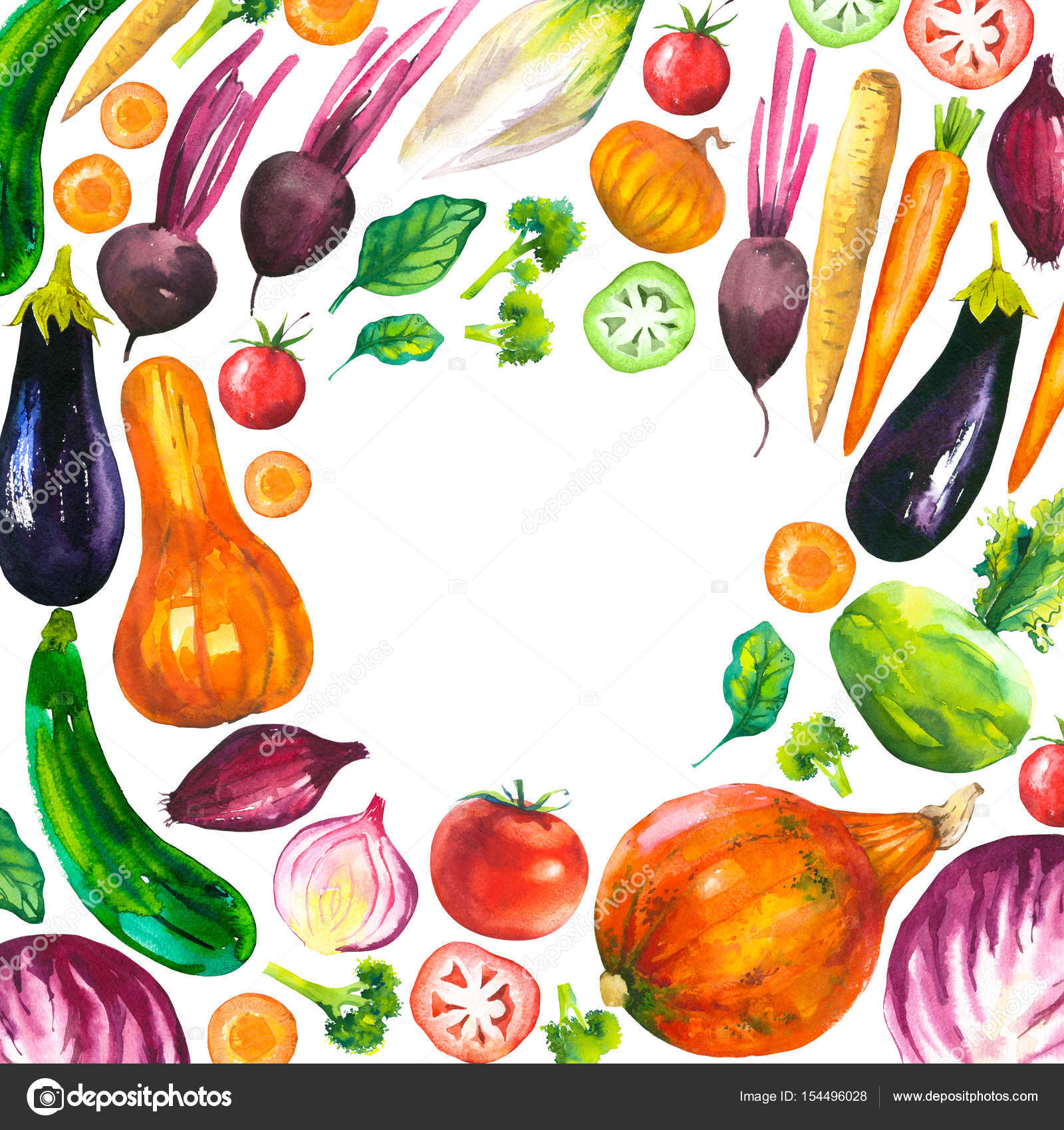 Ilustración de acuarela con composición redonda de productos agrícolas.  Juego de verduras: berenjena, calabaza, calabacín, cebolla, tomate,  brócoli, remolacha, zanahoria, col kohlrabi. Alimentos orgánicos frescos.  Ilustración de stock #154496028 de ©Monash, image size:1600x1700