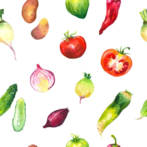 Ilustração aquarela com composição de produtos cultivados na fazenda. Padrão sem costura no fundo branco. Conjunto de legumes: batatas, nabos, tomate, pepino, raiz, cebola. Alimentos biológicos frescos . — Fotografia de Stock