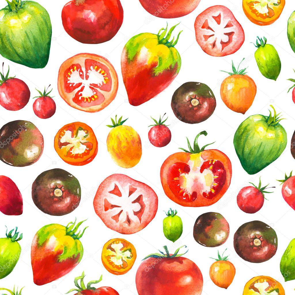 Vegetables watercolor set. Seamless pattern. Fresh organic food. Set of different kinds of tomatoes: green, orange and red colors. Simple painting sketch.