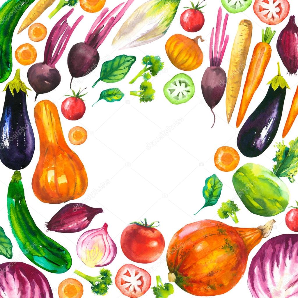 Watercolor illustration with round composition of farm products. Vegetables set: eggplant, pumpkin, zucchini, onion, tomato, broccoli, beets, carrots, cabbage kohlrabi. Fresh organic food.