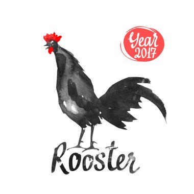 Siluet horoz. Stil kroki. Suluboya resim siyah beyaz horoz ile. Fırça çizimler. Çin yeni yıl 2017.
