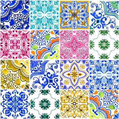 Portekizce çinileri ile Seamless modeli ile. Beyaz arka plan üzerinde Azulejo suluboya çizimi. Çok renkli tasarım.