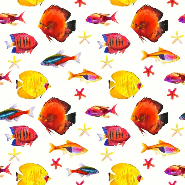 Seamless pattern with tropical fish. Watercolor illustration with hand drawn aquarium exotic fish on white background. — Stock Photo, Image