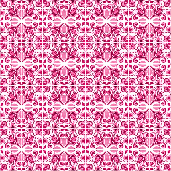 Seamless pattern with with Portuguese tiles. Watercolor illustration of Azulejo on white background. Pink color. — Stock Photo, Image
