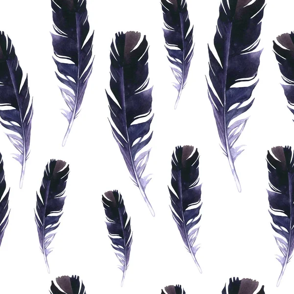 Sömlös vilda mönster. Bakgrund med fjädrar på vit bakgrund. Naturliga akvarell mönster. Boho stil. — Stockfoto