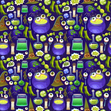 Dikişsiz Cadılar Bayramı desen. Korkutucu nesneler ile komik arka plan. Vektör çizim karikatür tarzı göz, iksir, örümcek, bıçak ve cadı şapka ile.