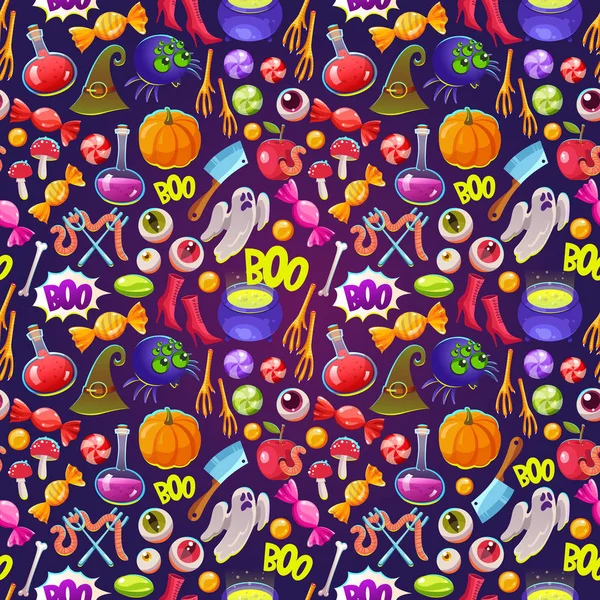 Seamless halloween pattern. Funny background with scary objects. Vector illustration with eyes, potion, spider, bones, bringing, pumpkin, witches boots and hat in cartoon style. — Stock Vector