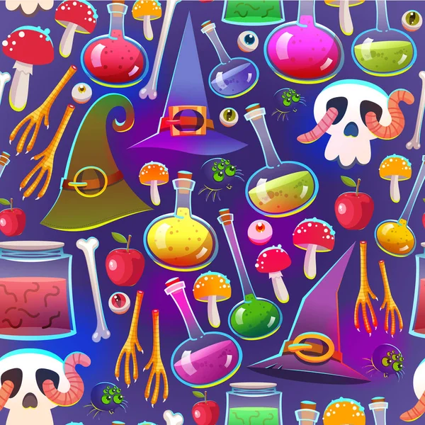 Nahtloses Halloween-Muster. lustiger Hintergrund mit gruseligen Objekten. Vektor-Set mit Augen, Zaubertrank, Spinne, Süßigkeiten, Apfel mit Wurm, Hexenstiefeln im Cartoon-Stil. — Stockvektor