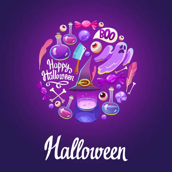 Composição de Halloween Round. Fundo engraçado com objetos assustadores. Conjunto de vetores com olhos, poção, aranha, doces, trazendo, chapéu de bruxas em estilo cartoon . — Vetor de Stock