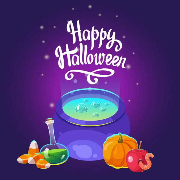 Composição de Halloween. Panela engraçada com poção azul, maçã com verme, abóbora e doces assustadores. Ilustração vetorial para férias em estilo cartoon . —  Vetores de Stock
