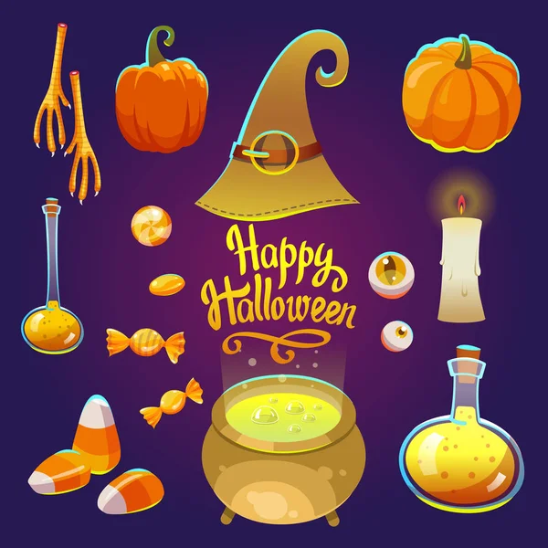 Brujas de Halloween con objetos divertidos y aterradores. Ilustración vectorial de ojos, poción, calabaza, dulces, patas de pollo, sombrero en estilo de dibujos animados . — Vector de stock
