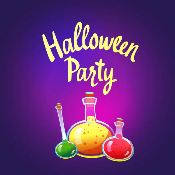 Happy Halloween composition. Funny vector illustration with multicolored potion for holiday in cartoon style. — Stock Vector