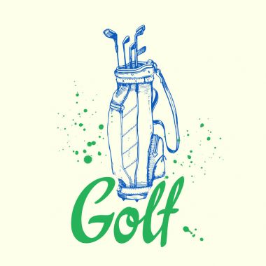 Golf çantası. Vektör kümesi çizilmiş spor malzemeleri. İllüstrasyon kroki tarzı beyaz arka plan üzerinde. Fırça hat öğeleri tasarımınız için. El yazısı mürekkep yazı.