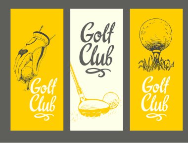 Golf topu, kulüpleri, eldiven ile düzen afiş. Vektör kümesi çizilmiş spor malzemeleri. İllüstrasyon kroki tarzı beyaz arka plan üzerinde. Fırça hat öğeleri tasarımınız için.