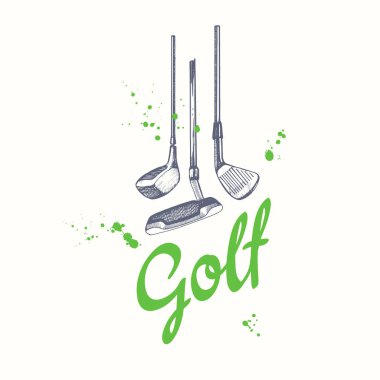 Golf. Vektör kümesi çizilmiş spor malzemeleri. İllüstrasyon kroki tarzı beyaz arka plan üzerinde. Fırça hat öğeleri tasarımınız için. El yazısı mürekkep yazı.
