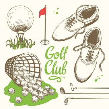 Golf ayarla sepeti, Ayakkabı, Golf sopası, top, eldiven, bayrak, çanta. Vektör kümesi çizilmiş spor malzemeleri. İllüstrasyon kroki tarzı beyaz arka plan üzerinde. El yazısı mürekkep yazı.