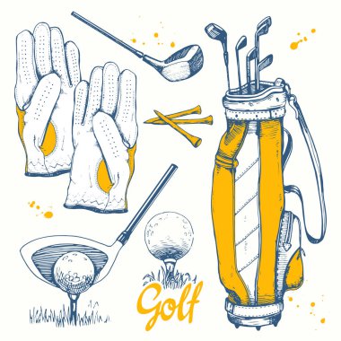 Golf ayarla sepeti, Ayakkabı, Golf sopası, top, eldiven, çanta ile. Vektör kümesi çizilmiş spor malzemeleri. İllüstrasyon kroki tarzı beyaz arka plan üzerinde. El yazısı mürekkep yazı.