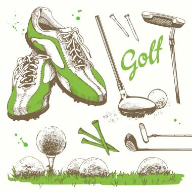 Golf ayarla sepeti, Ayakkabı, Golf sopası, top, eldiven, çanta ile. Vektör kümesi çizilmiş spor malzemeleri. İllüstrasyon kroki tarzı beyaz arka plan üzerinde. El yazısı mürekkep yazı.