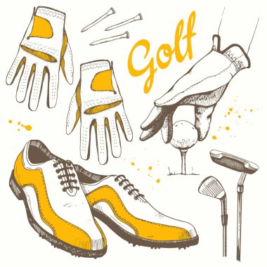 Golf ayarla sepeti, Ayakkabı, Golf sopası, top, eldiven, çanta ile. Vektör kümesi çizilmiş spor malzemeleri. İllüstrasyon kroki tarzı beyaz arka plan üzerinde. El yazısı mürekkep yazı.