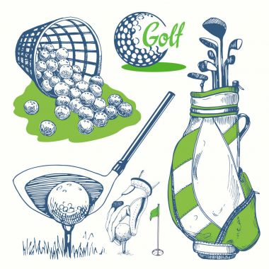 Golf set with basket, shoes, car, putter, ball, gloves, flag, bag. Vector set of hand-drawn sports equipment. Illustration in sketch style on white background. Handwritten ink lettering. clipart