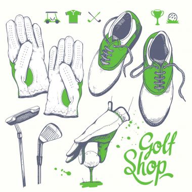 Golf ayarla sepeti, Ayakkabı, Golf sopası, top, eldiven, çanta ile. Vektör kümesi çizilmiş spor malzemeleri. İllüstrasyon kroki tarzı beyaz arka plan üzerinde. El yazısı mürekkep yazı.