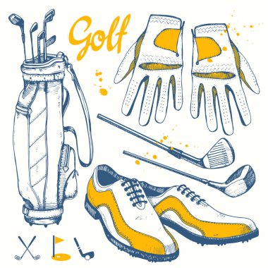 Golf ayarla sepeti, Ayakkabı, Golf sopası, top, eldiven, bayrak, çanta. Vektör kümesi çizilmiş spor malzemeleri. İllüstrasyon kroki tarzı beyaz arka plan üzerinde. El yazısı mürekkep yazı.