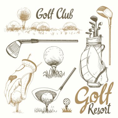 Golf ayarla sepeti, Ayakkabı, Golf sopası, top, eldiven, bayrak, çanta. Vektör kümesi çizilmiş spor malzemeleri. İllüstrasyon kroki tarzı beyaz arka plan üzerinde. El yazısı mürekkep yazı.