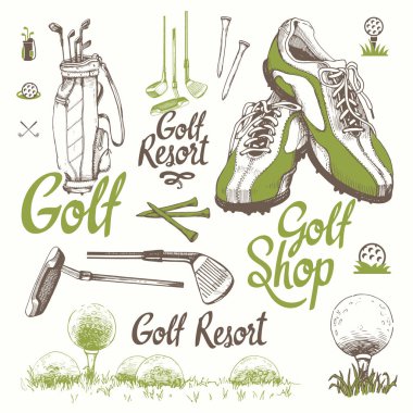 Golf ayarla sepeti, Ayakkabı, Golf sopası, top, eldiven, çanta ile. Vektör kümesi çizilmiş spor malzemeleri. İllüstrasyon kroki tarzı beyaz arka plan üzerinde. El yazısı mürekkep yazı.