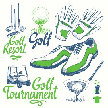 Golf ayarla sepeti, Ayakkabı, Araba, Golf sopası, top, eldiven, çanta. Vektör kümesi çizilmiş spor malzemeleri. İllüstrasyon kroki tarzı beyaz arka plan üzerinde. El yazısı mürekkep yazı.