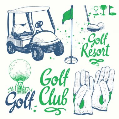 Golf ayarla sepeti, Ayakkabı, Araba, Golf sopası, top, eldiven, bayrak, çanta ile. Vektör kümesi çizilmiş spor malzemeleri. İllüstrasyon kroki tarzı beyaz arka plan üzerinde. El yazısı mürekkep yazı.