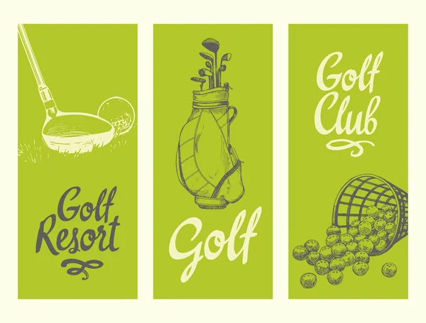 Golf layout banners with ball, backet, bag, clubs. Vector set of hand-drawn sports equipment. Illustration in sketch style on white background. Brush calligraphy elements for your design.