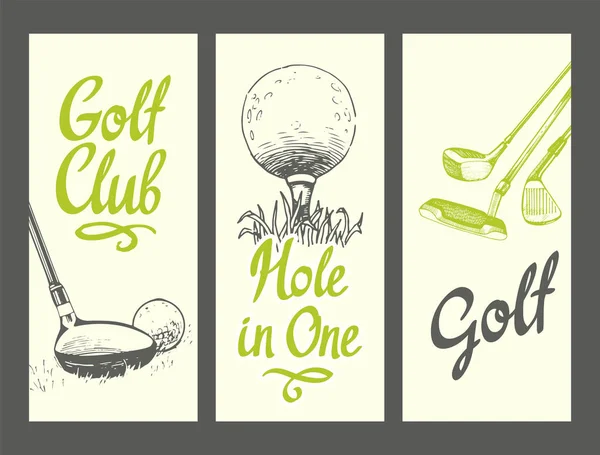 Bandiere di disposizione di golf con palla, randelli, guanto. Set vettore di attrezzature sportive disegnate a mano. Illustrazione in stile schizzo su sfondo bianco. Elementi di calligrafia a pennello per il tuo design . — Vettoriale Stock