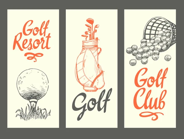 Golf layout banners with ball, backet, bag, clubs, glove. Vector set of hand-drawn sports equipment. Illustration in sketch style on white background. Brush calligraphy elements for your design. — Stock Vector